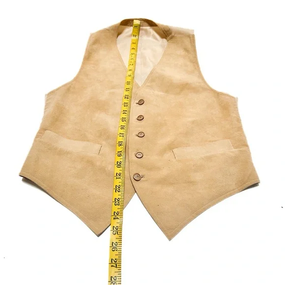 Vintage 70s Tan Suede Satin Button-Up Vest Slim Fit Suit Tuxedo Disco Formalwear